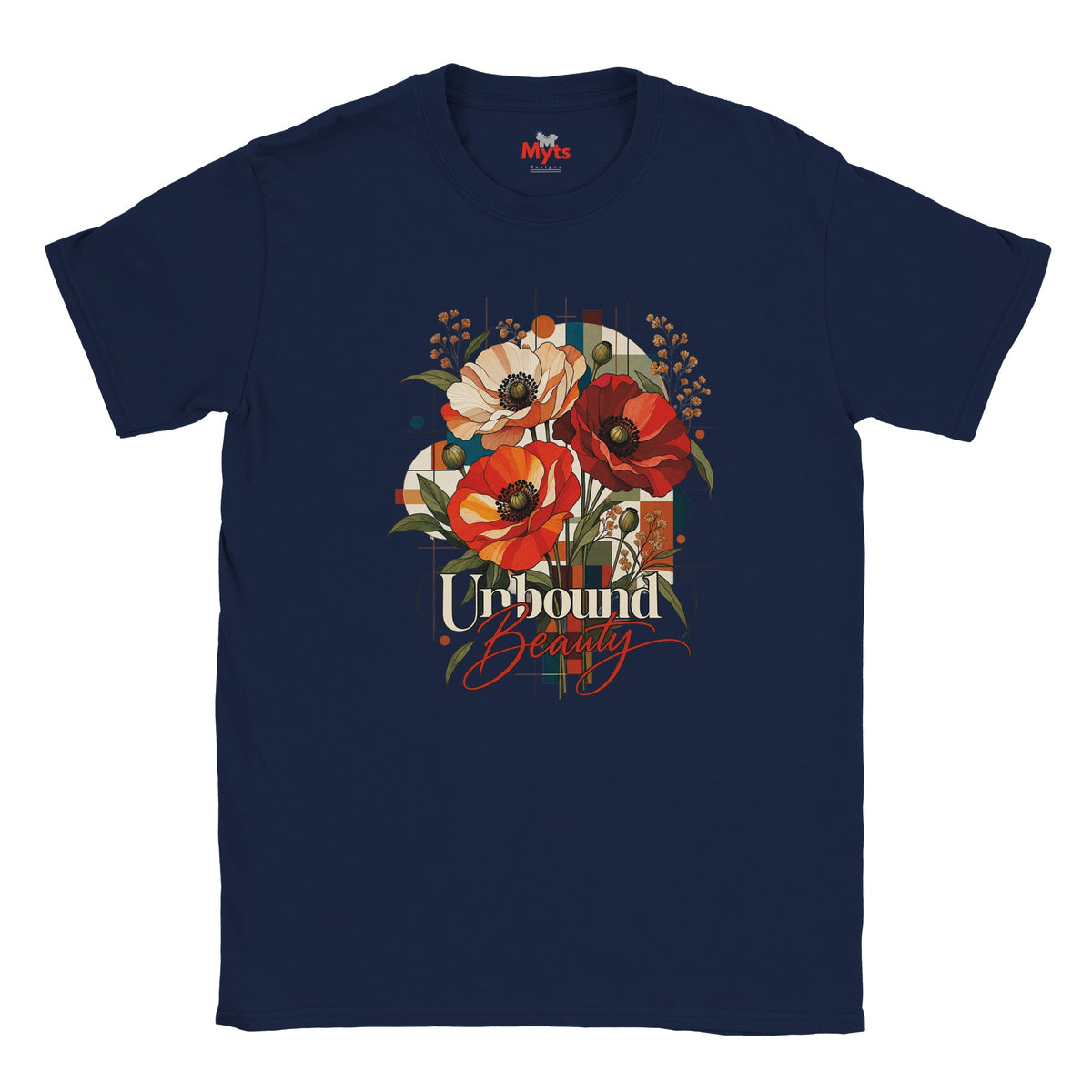 A navy blue short-sleeve crewneck t-shirt featuring a colorful graphic print of poppies and the text 'Unbound Beauty' on the front, displayed against a solid white background.