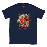 A navy blue short-sleeve crewneck t-shirt featuring a colorful graphic print of poppies and the text 'Unbound Beauty' on the front, displayed against a solid white background.
