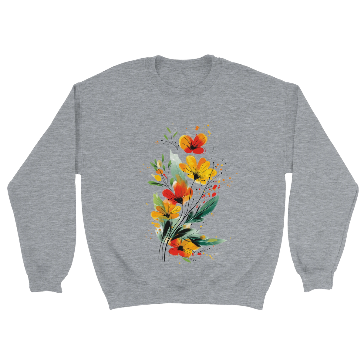 A sports grey sweatshirt featuring an artistic watercolor floral design with red, yellow, and orange wildflowers accented by lush green leaves and delicate splatters.

grey Floral Print Sweatshirt