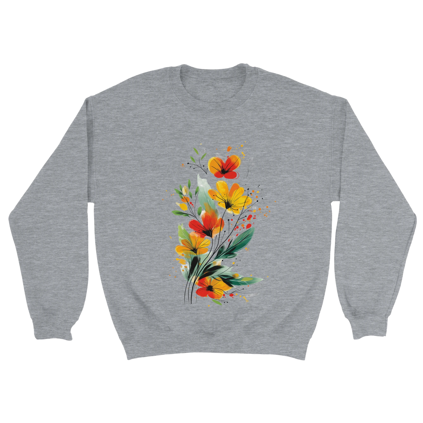 A sports grey sweatshirt featuring an artistic watercolor floral design with red, yellow, and orange wildflowers accented by lush green leaves and delicate splatters.

grey Floral Print Sweatshirt