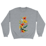 A sports grey sweatshirt featuring an artistic watercolor floral design with red, yellow, and orange wildflowers accented by lush green leaves and delicate splatters.

grey Floral Print Sweatshirt