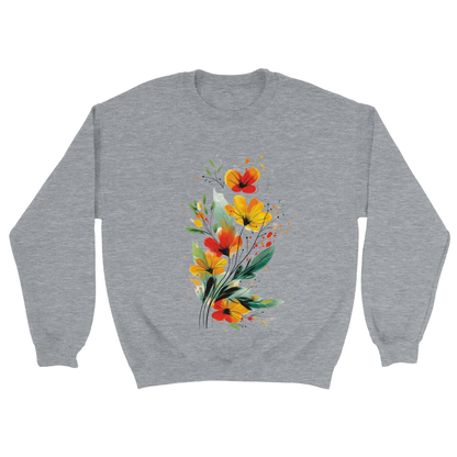 A sports grey sweatshirt featuring an artistic watercolor floral design with red, yellow, and orange wildflowers accented by lush green leaves and delicate splatters.

grey Floral Print Sweatshirt