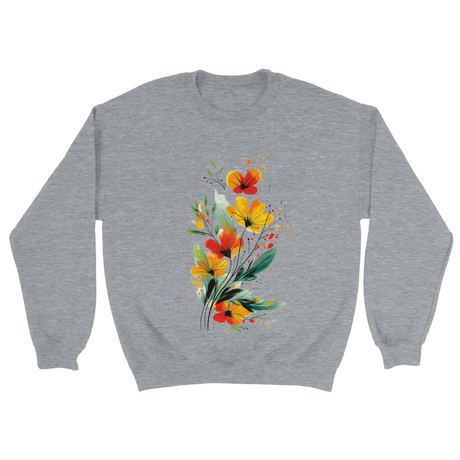 A sports grey sweatshirt featuring an artistic watercolor floral design with red, yellow, and orange wildflowers accented by lush green leaves and delicate splatters.

grey Floral Print Sweatshirt