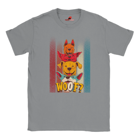 A flat lay sports grey T-shirt featuring a playful graphic of four stacked colorful dogs in yellow, red, and blue tones with the word “Woof?” in bold, cartoonish text below.

