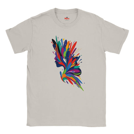 Ice Grey t-shirt with a colorful abstract design on a white background