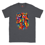 A dark heather gray t-shirt featuring a colorful graphic print of four stylized faces with eyes, rendered in a vibrant, multi-colored geometric and abstract art style.
