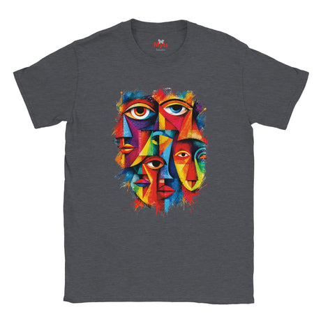 A dark heather gray t-shirt featuring a colorful graphic print of four stylized faces with eyes, rendered in a vibrant, multi-colored geometric and abstract art style.