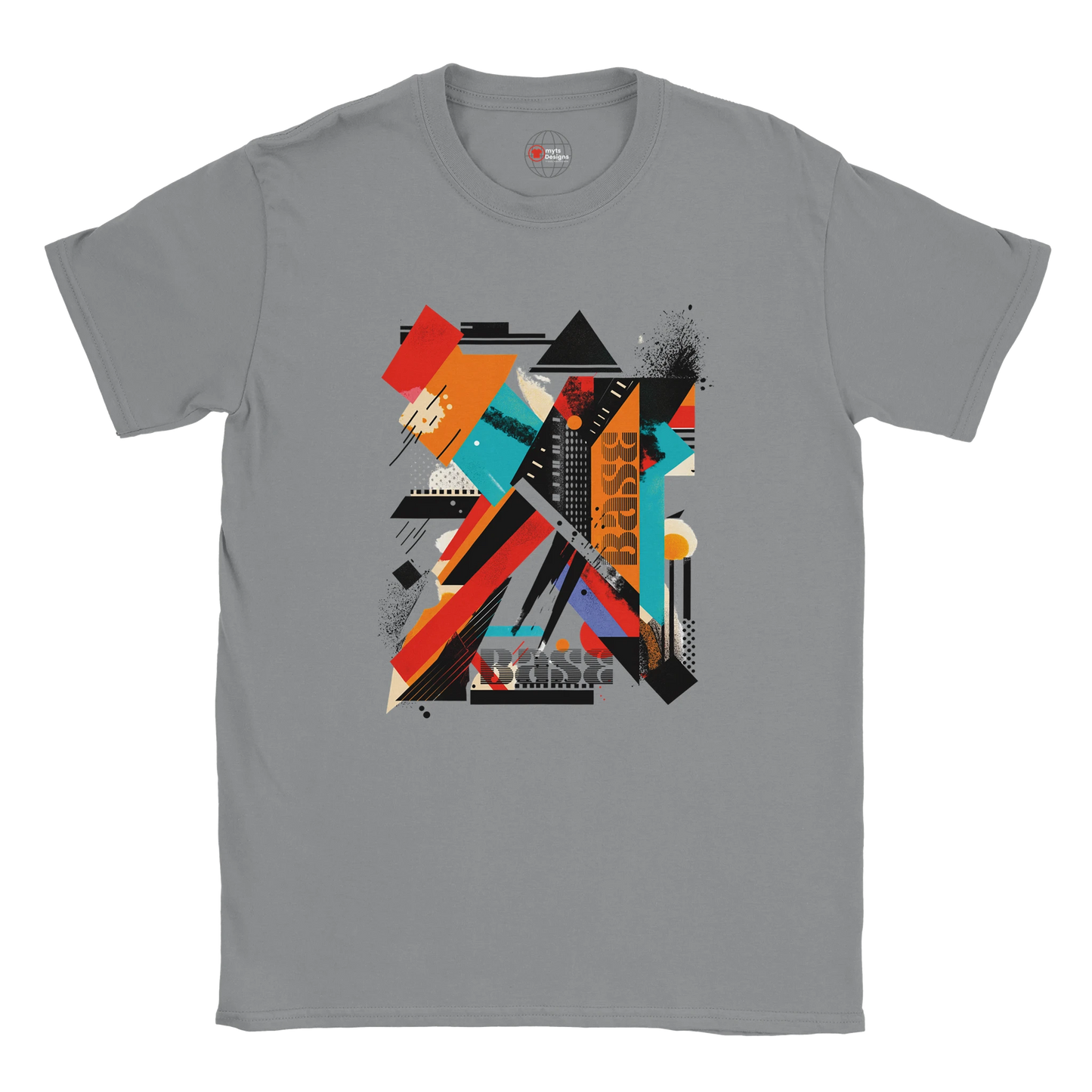 A white unisex crewneck t-shirt with a vibrant abstract geometric art graphic in the center.