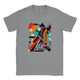 A white unisex crewneck t-shirt with a vibrant abstract geometric art graphic in the center.