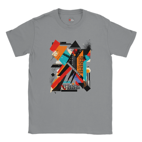 A white unisex crewneck t-shirt with a vibrant abstract geometric art graphic in the center.