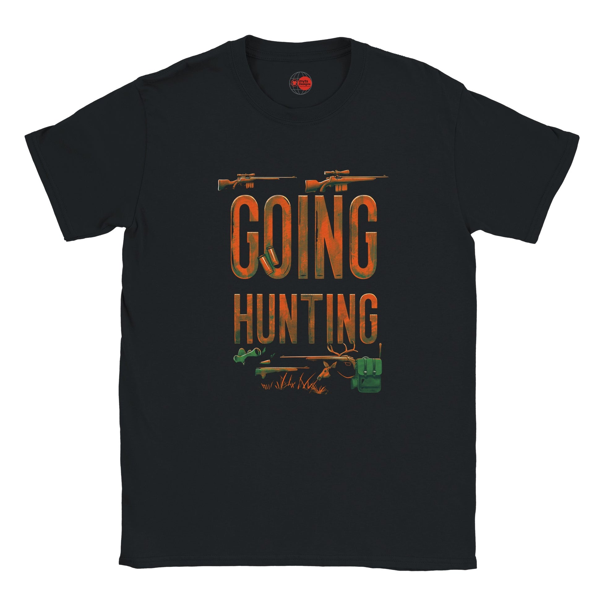 Black t-shirt with 'Going Hunting' graphic design on a white background