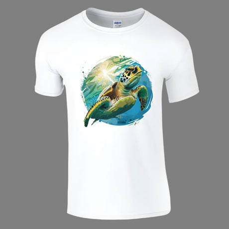 A white t-shirt with a colorful front graphic print of a green turtle on a surfboard above the text 'Go With The Flow'.