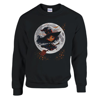 Black sweatshirt with a witch design on a white background
