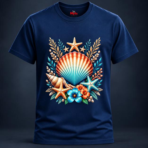 A navy blue short-sleeve t-shirt with a colorful ocean-themed graphic print featuring a seashell, starfish, coral, and flowers, shown against a dark gray background.