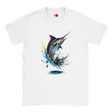 White fishing T-shirt featuring colourful marlin splash art graphic design