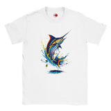 White fishing T-shirt featuring colourful marlin splash art graphic design