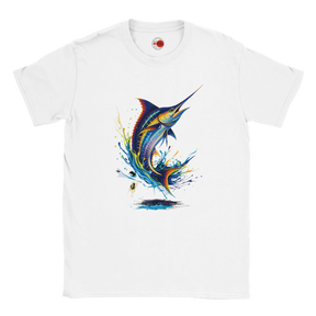 White fishing T-shirt featuring colourful marlin splash art graphic design
