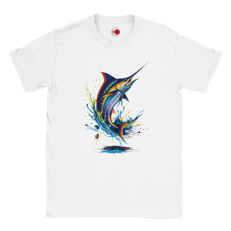 White fishing T-shirt featuring colourful marlin splash art graphic design