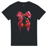 Black t-shirt with a red bow and cherries design on a white background