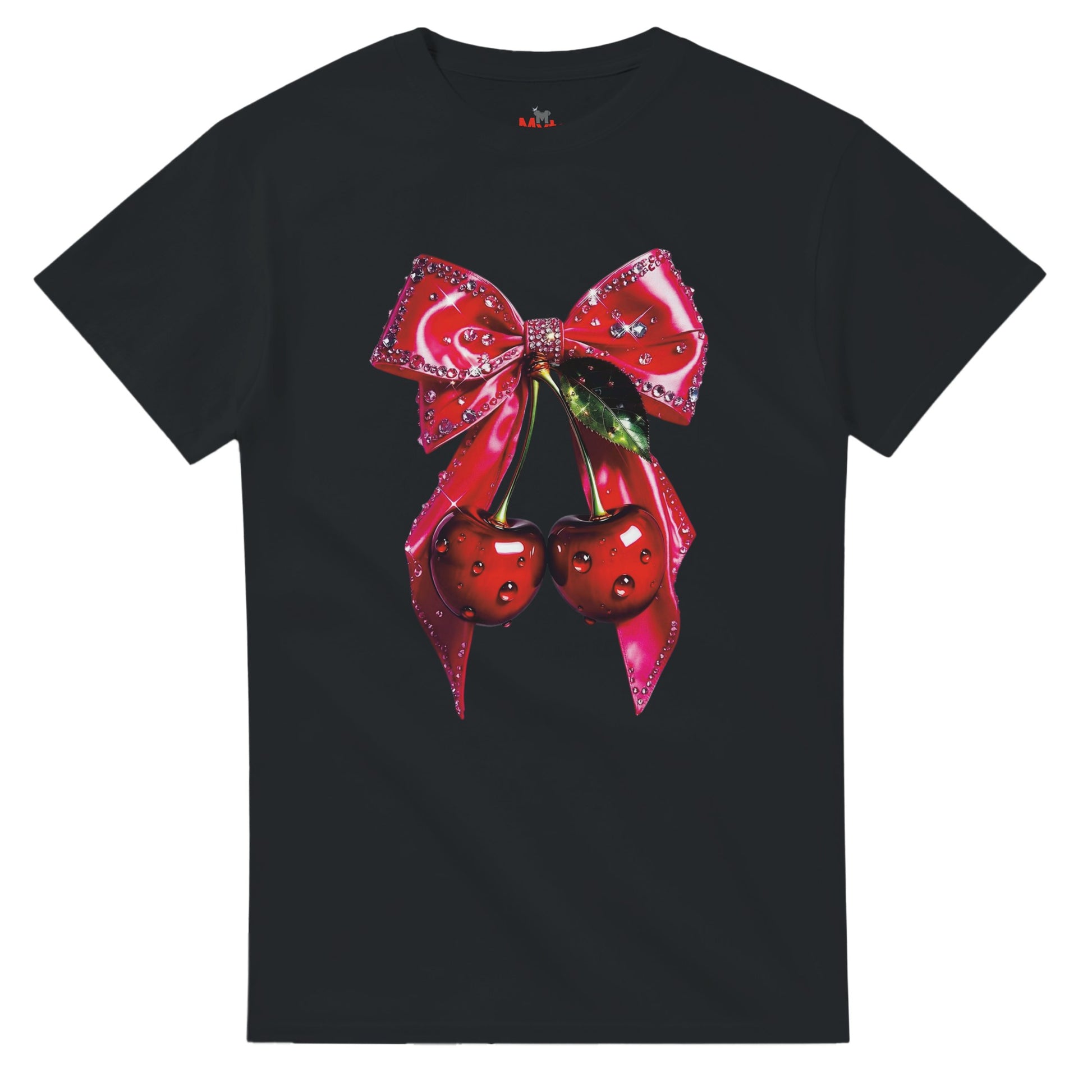 Black t-shirt with a red bow and cherries design on a white background