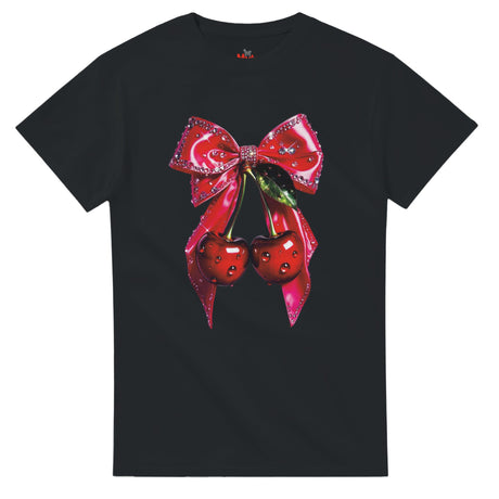 Black t-shirt with a red bow and cherries design on a white background