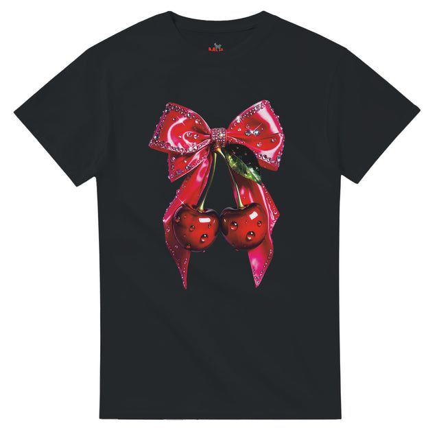 Black t-shirt with a red bow and cherries design on a white background
