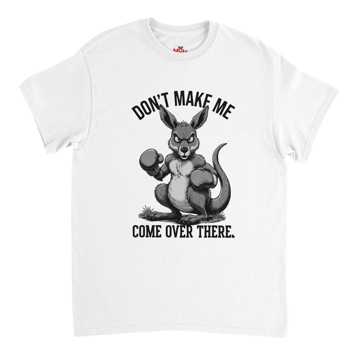 White t-shirt with a kangaroo graphic and text on a white background