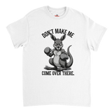 White t-shirt with a kangaroo graphic and text on a white background