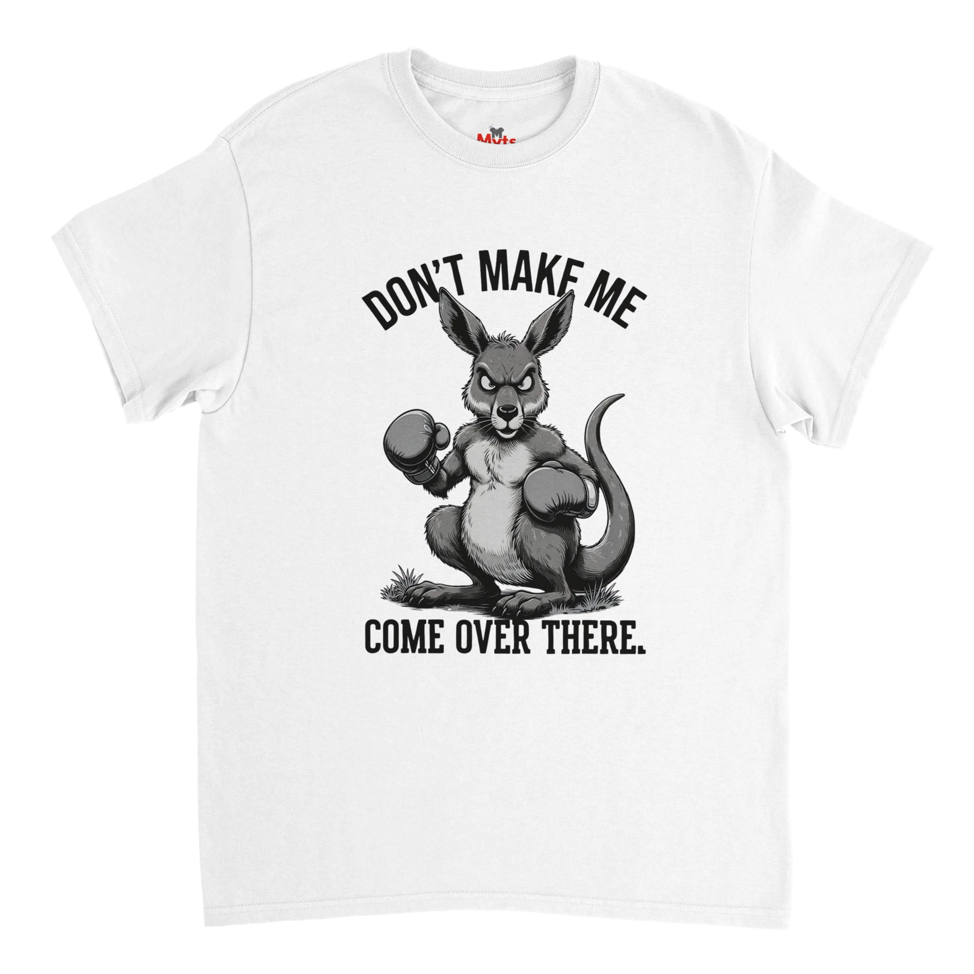 White t-shirt with a kangaroo graphic and text on a white background
