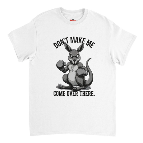 White t-shirt with a kangaroo graphic and text on a white background