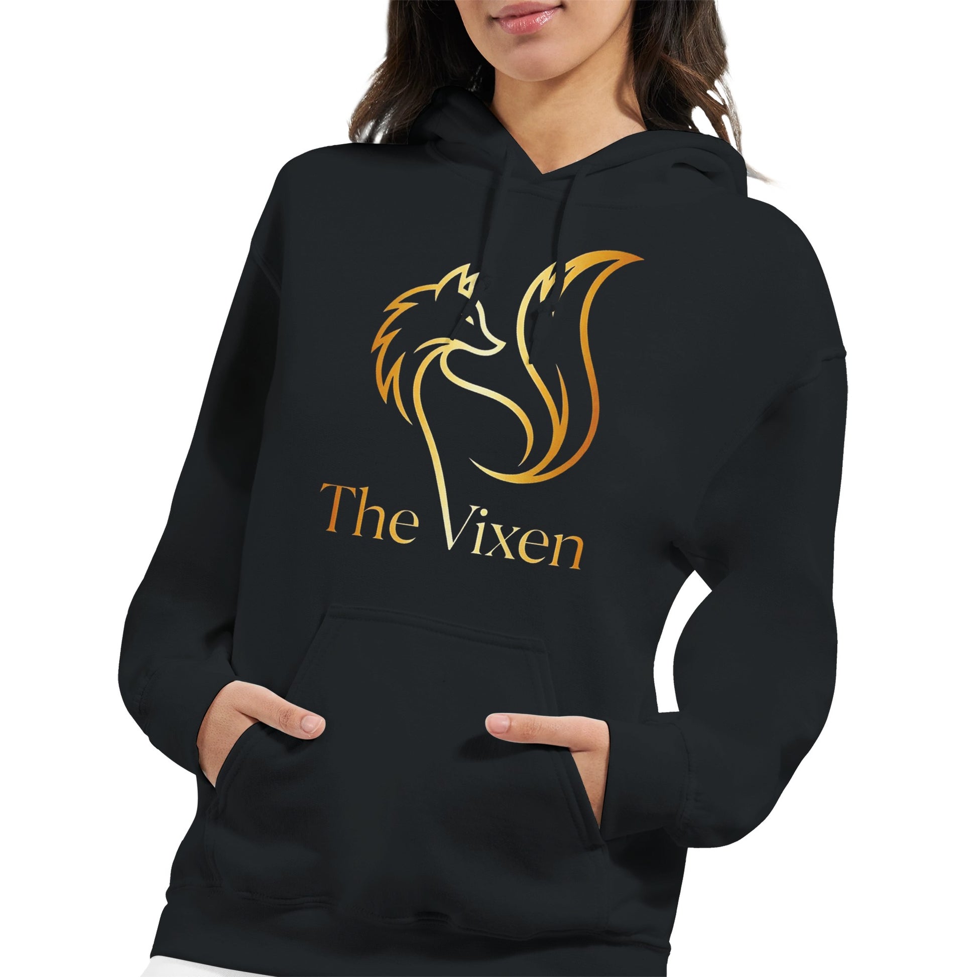 Black hoodie with 'The Vixen' logo on a white background