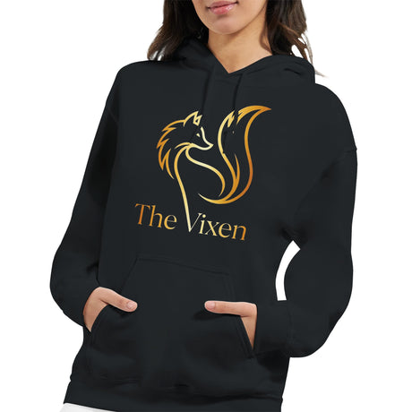 Black hoodie with 'The Vixen' logo on a white background