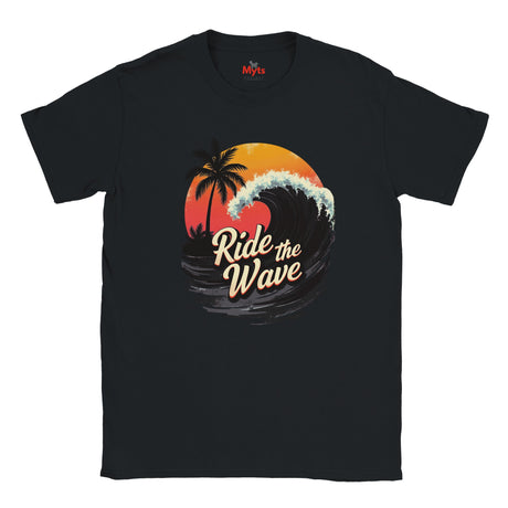 Black t-shirt with 'Ride the Wave' graphic design featuring a sunset and palm trees on a white background.