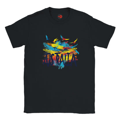 Black t-shirt with colorful 'Australia' design on a white background