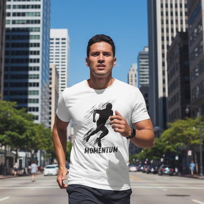 Man running in a city street wearing a white t-shirt with 'Momentum' design.