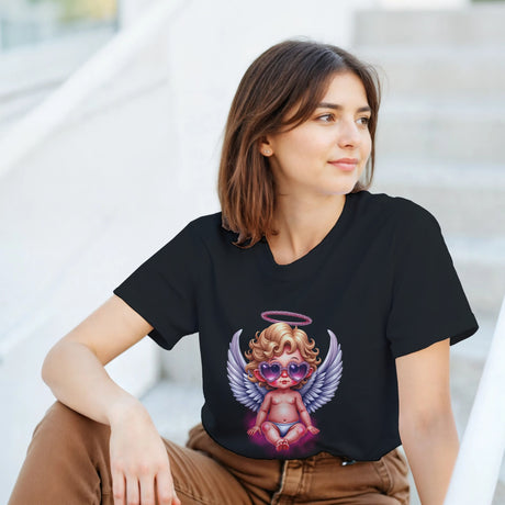 Woman wearing a black t-shirt with a graphic design of an angelic figure sitting on steps.
