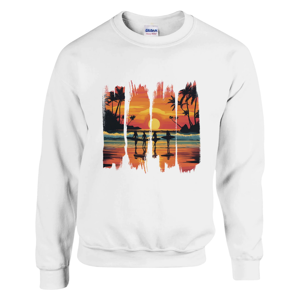White sweatshirt with a colorful 'Hawaii' graphic design featuring palm trees and a sunset.