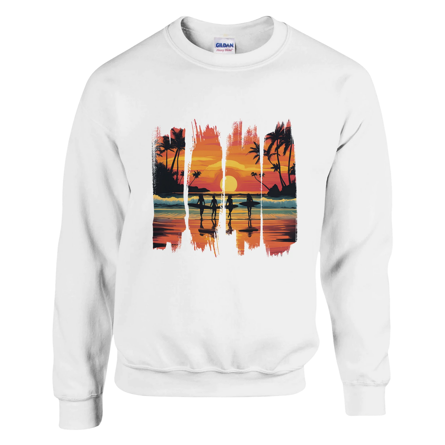 White sweatshirt with a colorful 'Hawaii' graphic design featuring palm trees and a sunset.