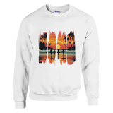 White sweatshirt with a colorful 'Hawaii' graphic design featuring palm trees and a sunset.