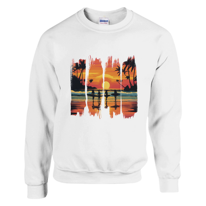White sweatshirt with a colorful 'Hawaii' graphic design featuring palm trees and a sunset.