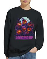 Black sweatshirt with Halloween-themed design featuring pumpkins and 'Jack Me Up' text.
