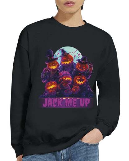 Black sweatshirt with Halloween-themed design featuring pumpkins and 'Jack Me Up' text.
