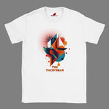 A unisex crewneck t-shirt with a colorful geometric nautical design featuring a sailboat and the text 'The Yachtsman'.