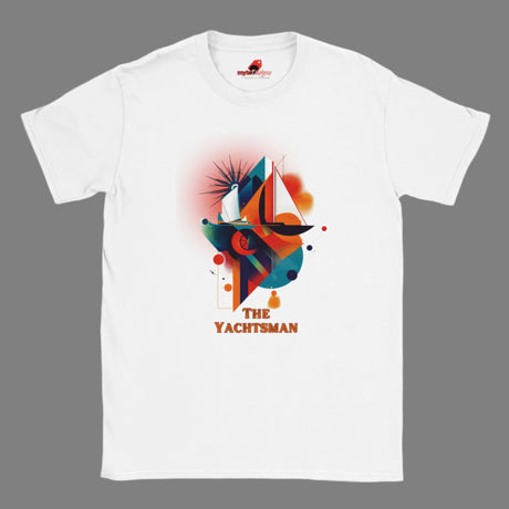 A unisex crewneck t-shirt with a colorful geometric nautical design featuring a sailboat and the text 'The Yachtsman'.