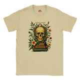 Sand t-shirt with a skull and books design on a white background