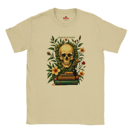Sand t-shirt with a skull and books design on a white background
