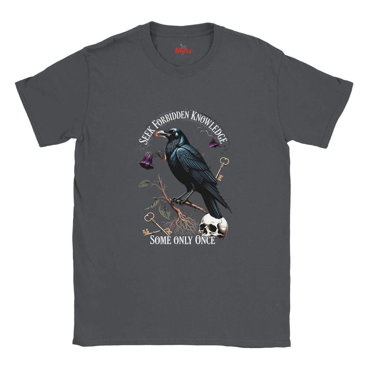 Gray t-shirt with a crow graphic and text on a white background