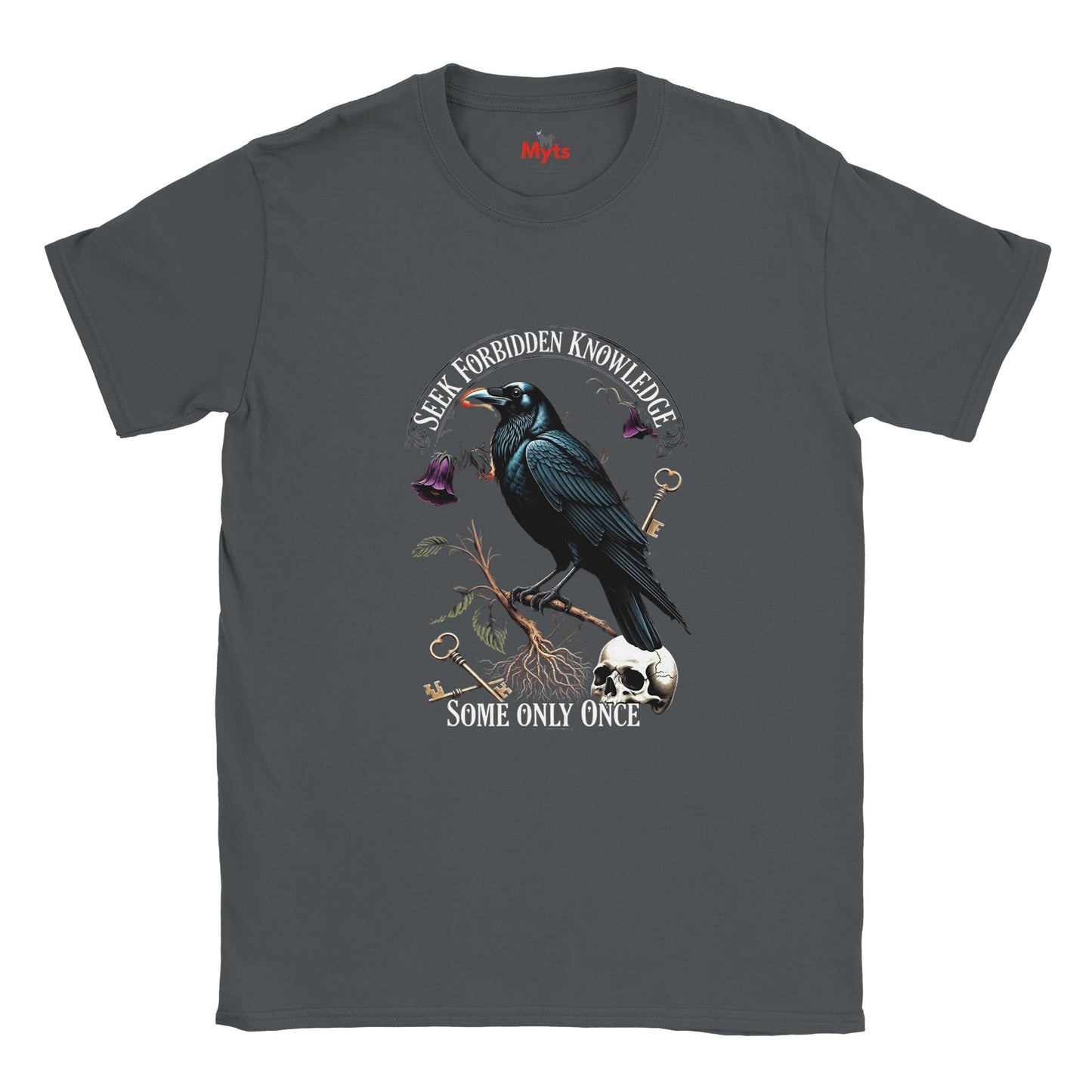 Gray t-shirt with a crow graphic and text on a white background
