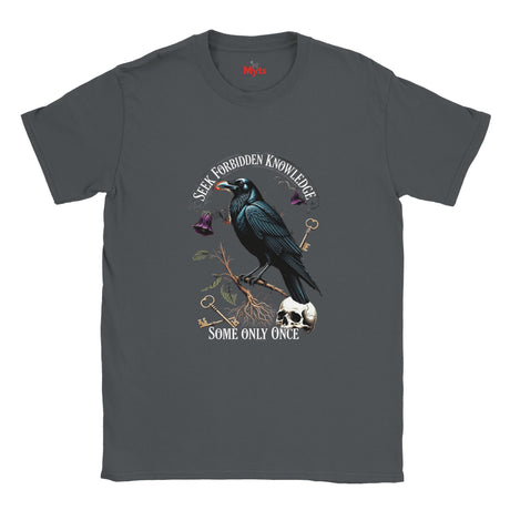 Gray t-shirt with a crow graphic and text on a white background