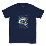 Navy blue t-shirt with a colorful abstract design on a white background
